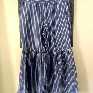 Mamma Mia-esque blue and white striped flare pants